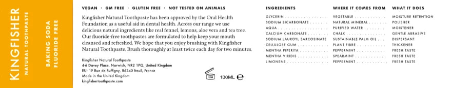 Kingfisher Natural Toothpaste Baking Soda Fluoride Free 100mls
