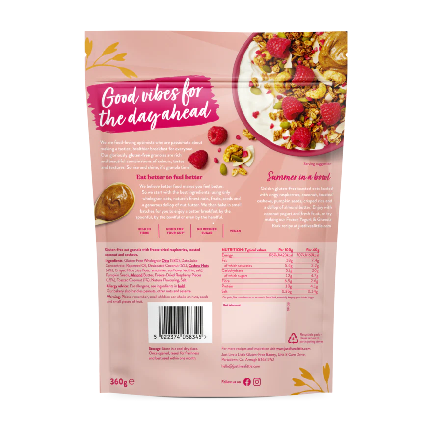 Just Live A Little Raspberry, Coconut &Cashew Granola 360g - MicroBio Health™